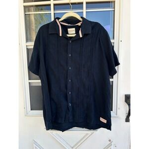 Scotch & Soda Mens XXL Navy Blue Linen Blend Pintuck Short Sleeve Camp Shirt